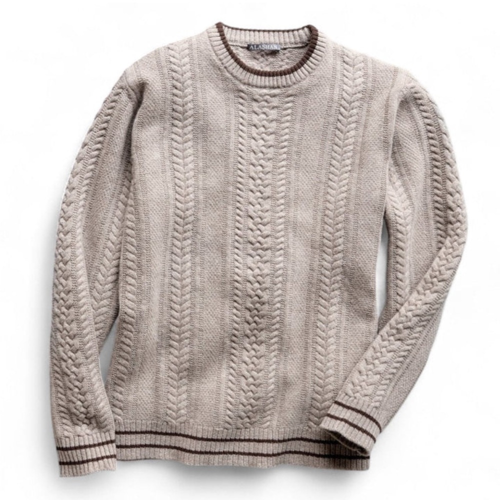 Alashan Cashmere 100% Merino Wool Cable Crew Neck Pullover Coconut Combo L NEW
